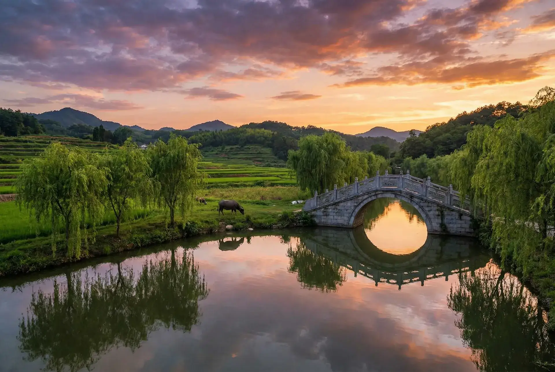 夕阳下的石拱桥与垂柳，水牛在河边吃草 - 知花梅莎快播 乡村美景